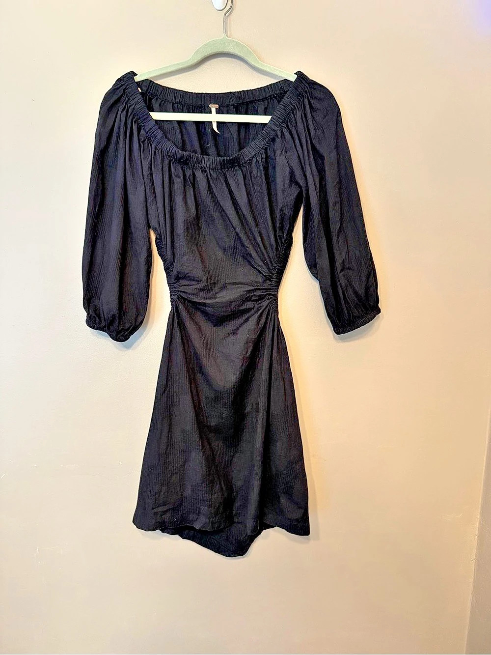 Free People Black Cutout Open Back Mini Dress Puff Sleeve Off Shoulder medium